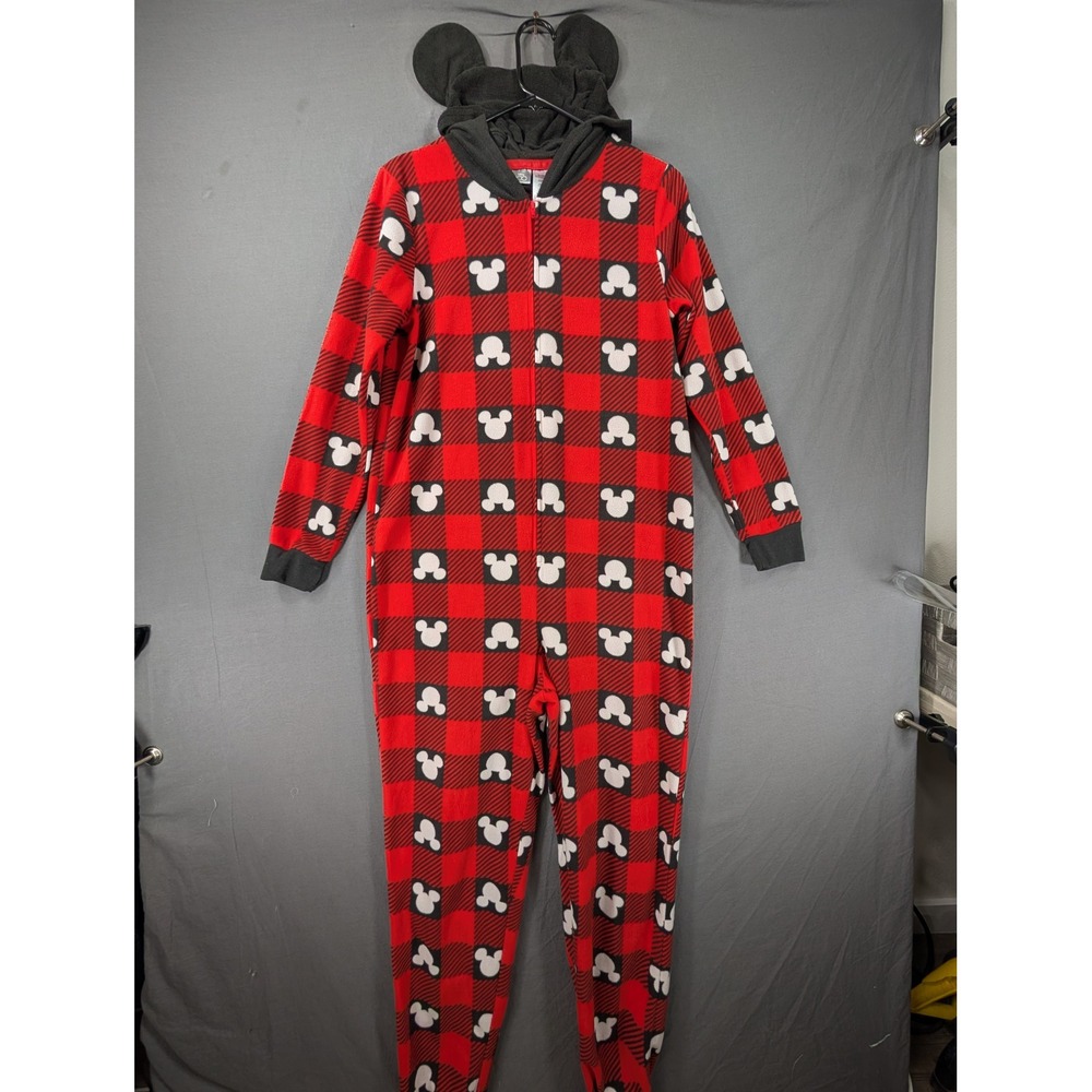 Disney 100 Mickey Mouse‎ Buffalo Plaid Hooded One Piece Pajamas Red Black Medium - Picture 1 of 9